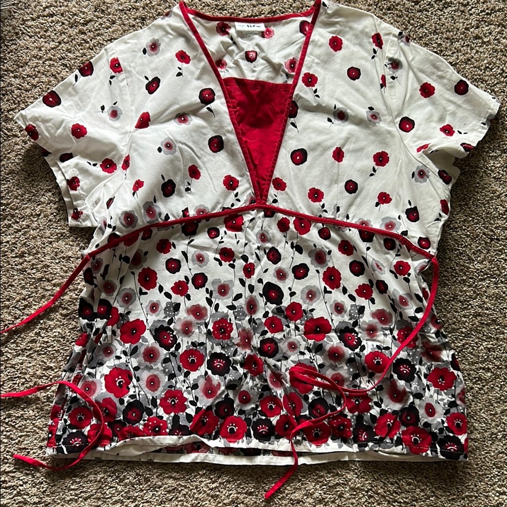Red and Black Floral Wrap ScrubTop with Tie Back